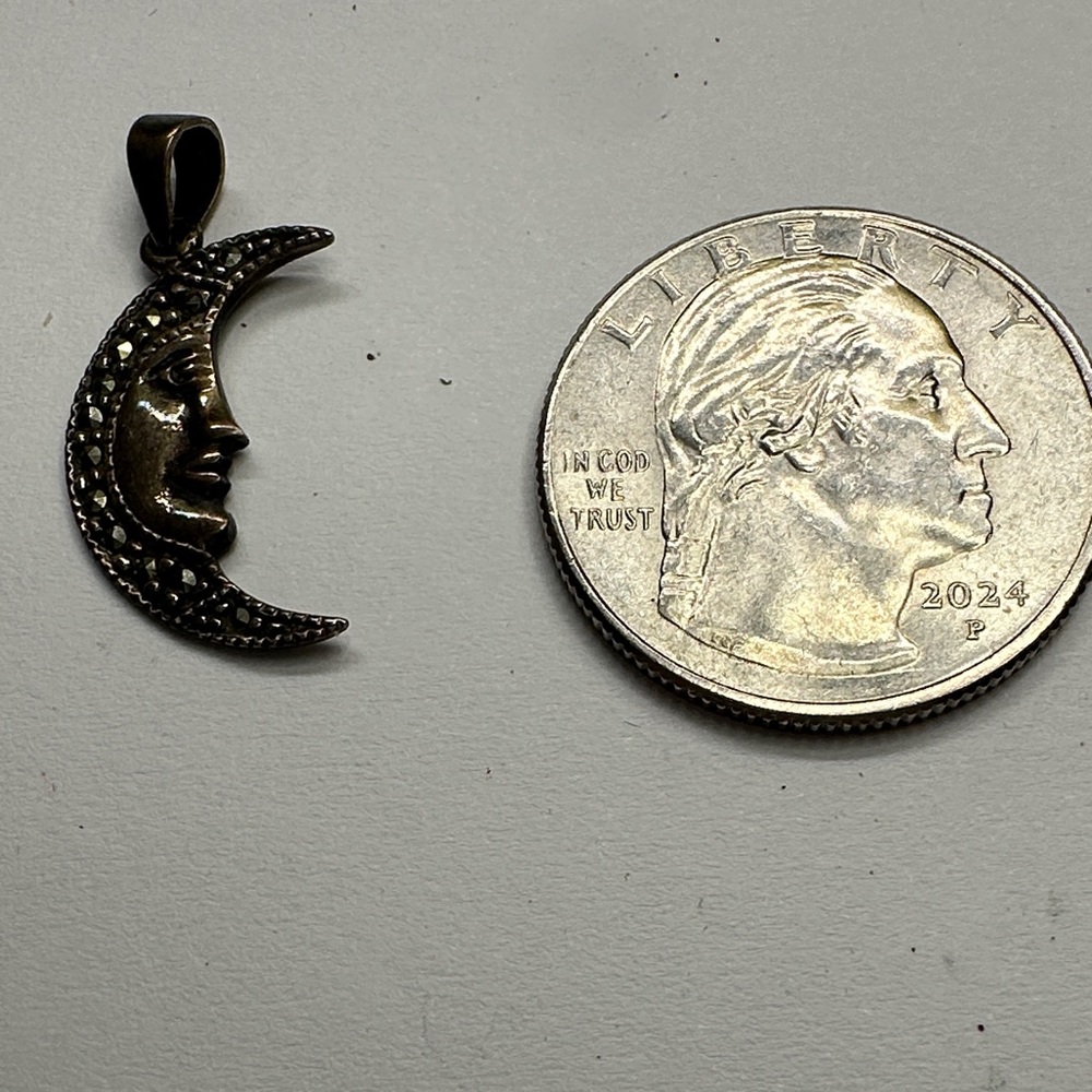 Vintage Sterling Silver and Marcasite Moon Face Pendant